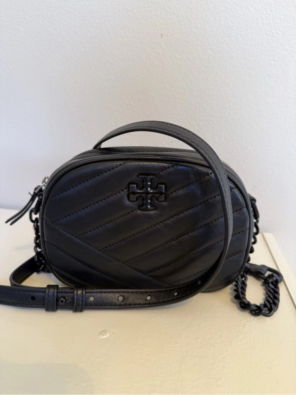 Tory Burch Kira Chevron Camera Crossbody Black Gunmetal Bag